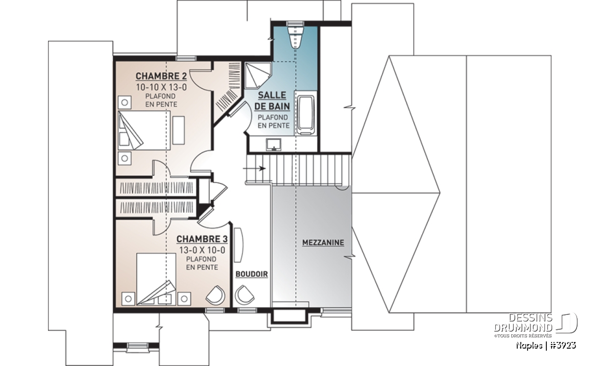 Étage - Plan de chalet rustique 3 chambres, garage, suite des parents au rez-de-chaussée, mezzanine - Naples