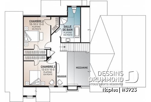 Étage - Plan de chalet rustique 3 chambres, garage, suite des parents au rez-de-chaussée, mezzanine - Naples