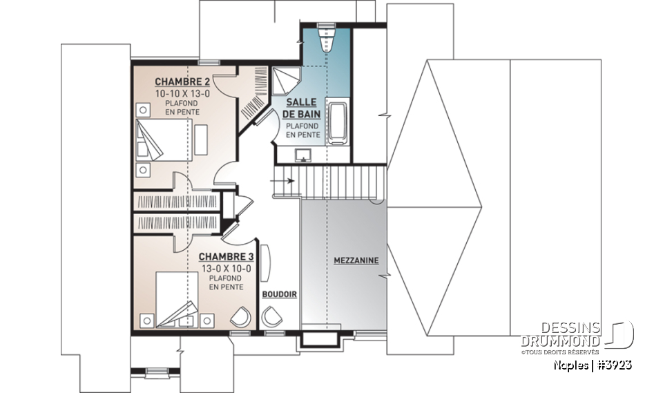 Étage - Plan de chalet rustique 3 chambres, garage, suite des parents au rez-de-chaussée, mezzanine - Naples