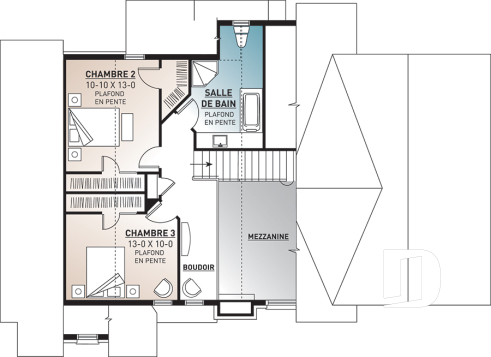 Étage - Plan de chalet rustique 3 chambres, garage, suite des parents au rez-de-chaussée, mezzanine - Naples