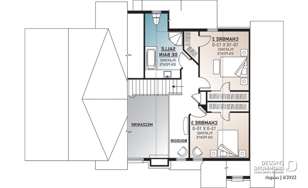 Étage - Plan de chalet rustique 3 chambres, garage, suite des parents au rez-de-chaussée, mezzanine - Naples