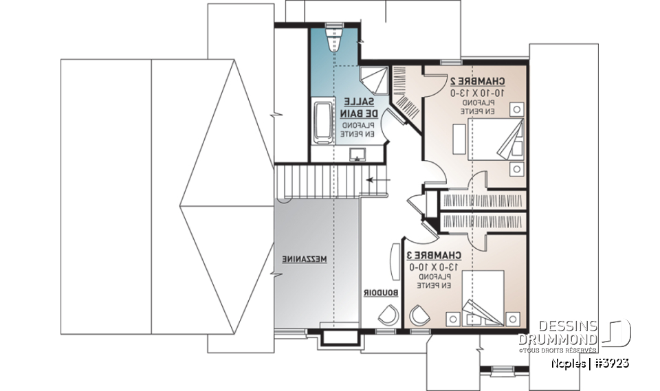 Étage - Plan de chalet rustique 3 chambres, garage, suite des parents au rez-de-chaussée, mezzanine - Naples