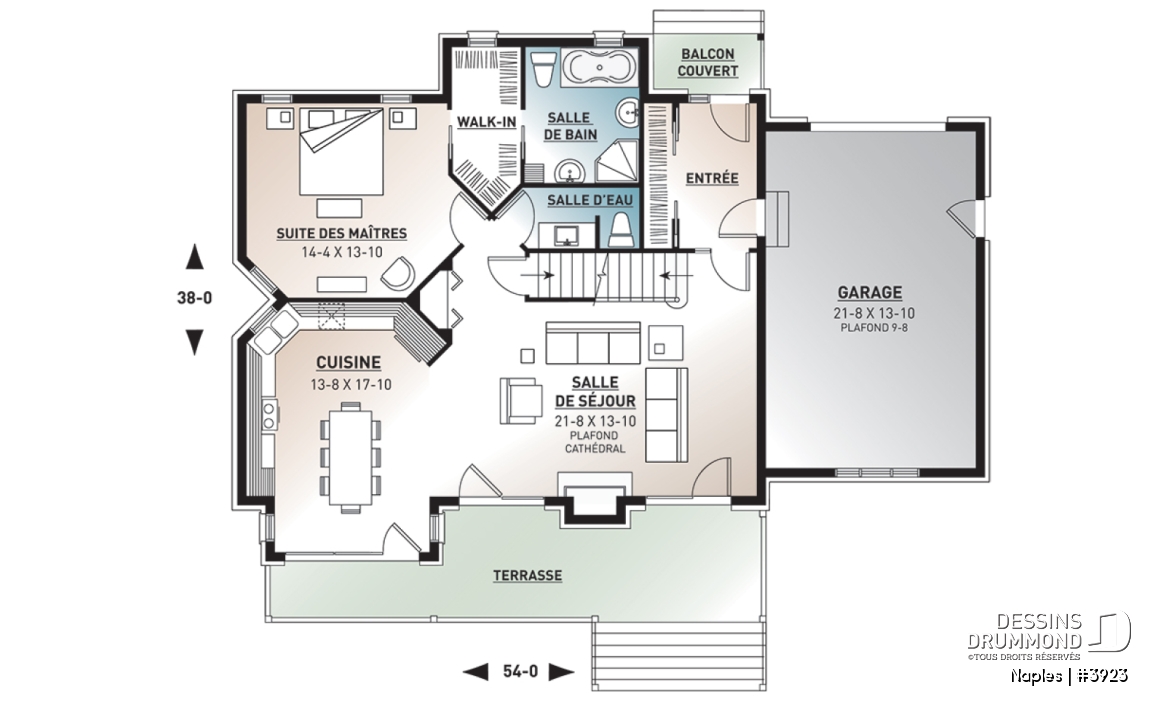 Rez-de-chaussée - Plan de chalet rustique 3 chambres, garage, suite des parents au rez-de-chaussée, mezzanine - Naples