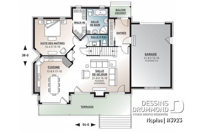 Rez-de-chaussée - Plan de chalet rustique 3 chambres, garage, suite des parents au rez-de-chaussée, mezzanine - Naples