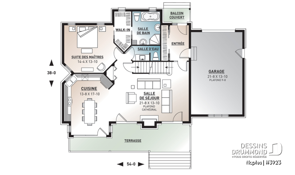 Rez-de-chaussée - Plan de chalet rustique 3 chambres, garage, suite des parents au rez-de-chaussée, mezzanine - Naples