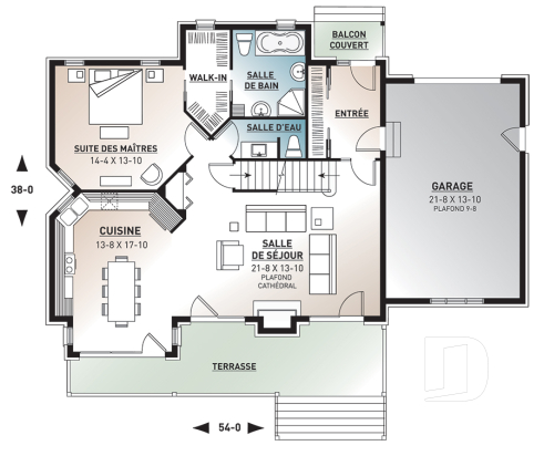 Rez-de-chaussée - Plan de chalet rustique 3 chambres, garage, suite des parents au rez-de-chaussée, mezzanine - Naples