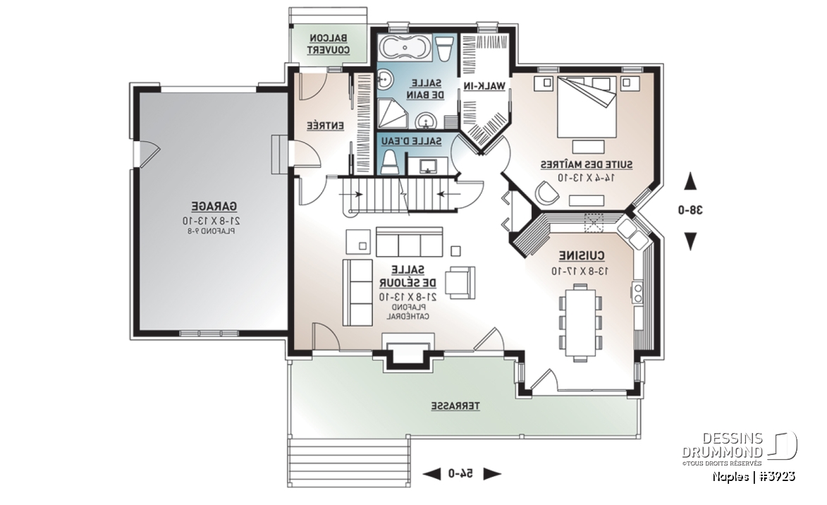 Rez-de-chaussée - Plan de chalet rustique 3 chambres, garage, suite des parents au rez-de-chaussée, mezzanine - Naples