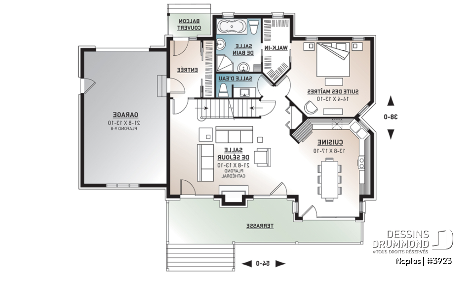 Rez-de-chaussée - Plan de chalet rustique 3 chambres, garage, suite des parents au rez-de-chaussée, mezzanine - Naples