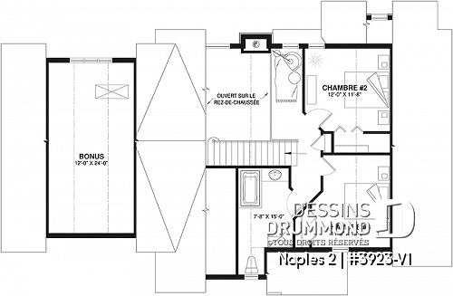 Étage - Plan de chalet champêtre rustique, 3 chambres, cuisine avec banquette, mezzanine, garage double avec rangement - Naples 2