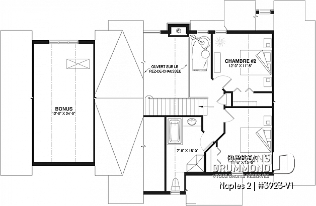 Étage - Plan de chalet champêtre rustique, 3 chambres, cuisine avec banquette, mezzanine, garage double avec rangement - Naples 2