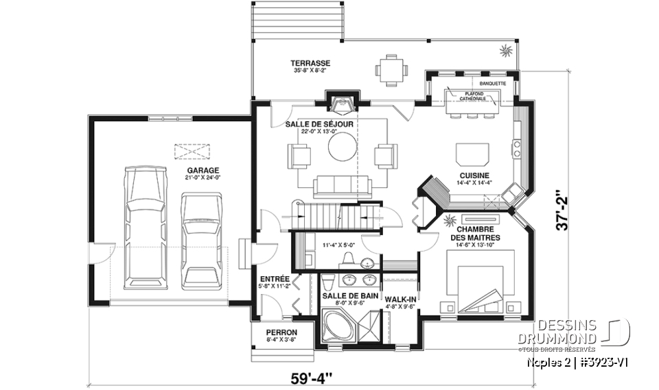 Rez-de-chaussée - Modèle de maison style chalet de ski avec plafond cathédrale et vue sur la montagne ou plan d'eau - Naples 2