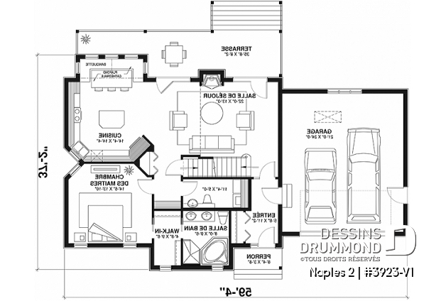 Rez-de-chaussée - Plan de chalet champêtre rustique, 3 chambres, cuisine avec banquette, mezzanine, garage double avec rangement - Naples 2