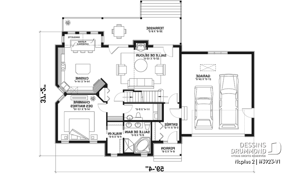 Rez-de-chaussée - Modèle de maison style chalet de ski avec plafond cathédrale et vue sur la montagne ou plan d'eau - Naples 2