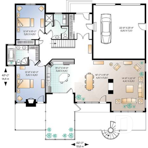 Rez-de-chaussée - Plan de chalet avec bachelor au sous-sol (invités ou location) total 5 chambres 4 s.bain, 3 foyers - Eave