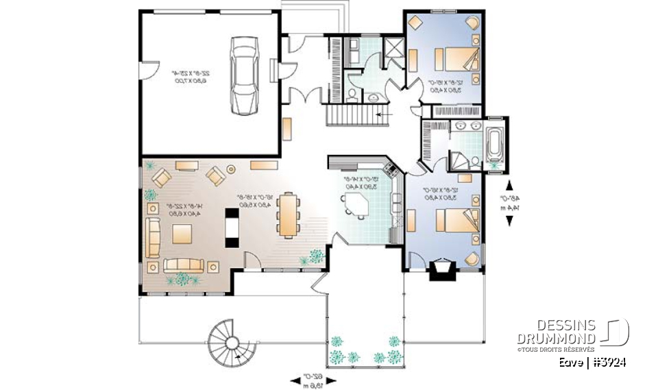 Rez-de-chaussée - Plan de chalet avec bachelor au sous-sol (invités ou location) total 5 chambres 4 s.bain, 3 foyers - Eave
