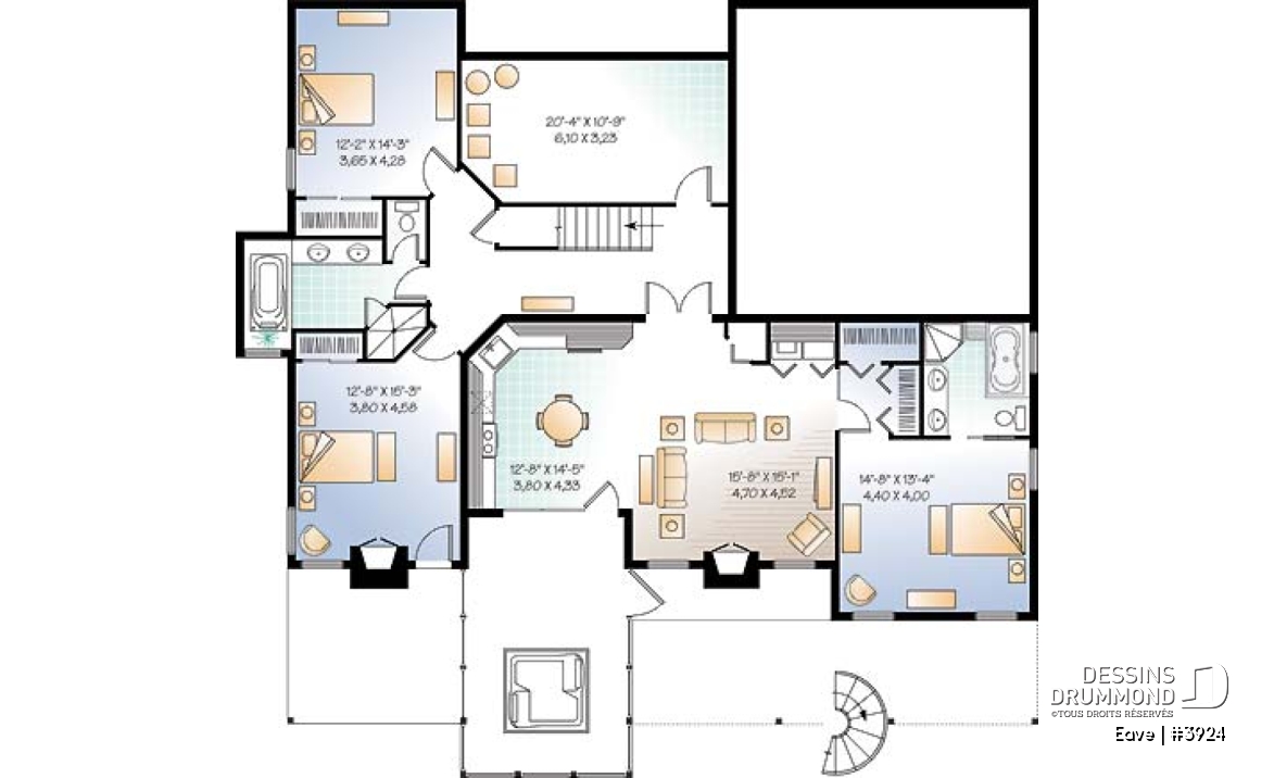 Sous-sol - Plan de chalet avec bachelor au sous-sol (invités ou location) total 5 chambres 4 s.bain, 3 foyers - Eave