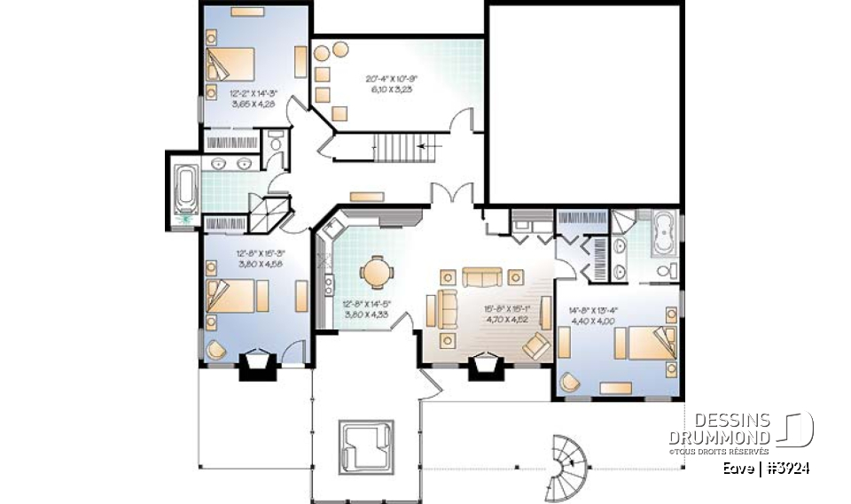 Sous-sol - Plan de chalet avec bachelor au sous-sol (invités ou location) total 5 chambres 4 s.bain, 3 foyers - Eave