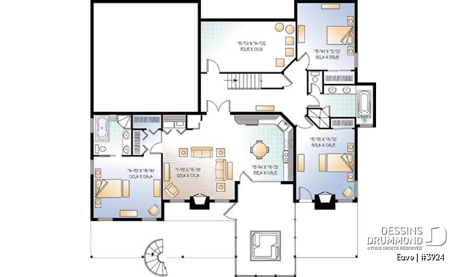 Sous-sol - Plan de chalet avec bachelor au sous-sol (invités ou location) total 5 chambres 4 s.bain, 3 foyers - Eave