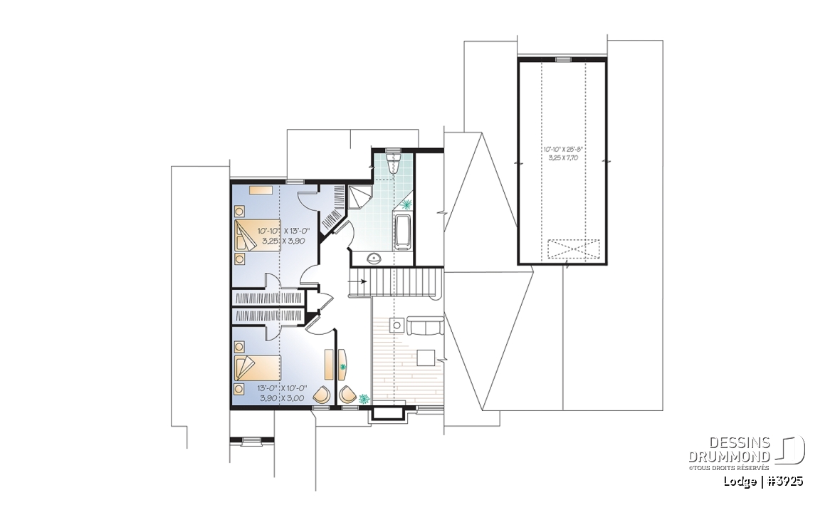 Étage - Plan de chalet rustique, 4, 5 ou 6 chambres, 2 suites des maîtres avec salle de bain privée, rez-de-jardin - Lodge