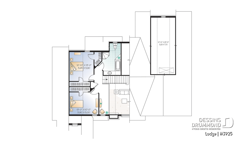Étage - Plan de chalet rustique, 4, 5 ou 6 chambres, 2 suites des maîtres avec salle de bain privée, rez-de-jardin - Lodge