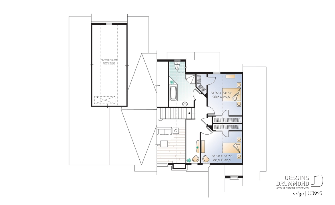Étage - Plan de chalet rustique, 4, 5 ou 6 chambres, 2 suites des maîtres avec salle de bain privée, rez-de-jardin - Lodge