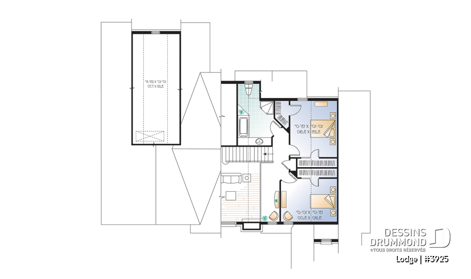 Étage - Plan de chalet rustique, 4, 5 ou 6 chambres, 2 suites des maîtres avec salle de bain privée, rez-de-jardin - Lodge