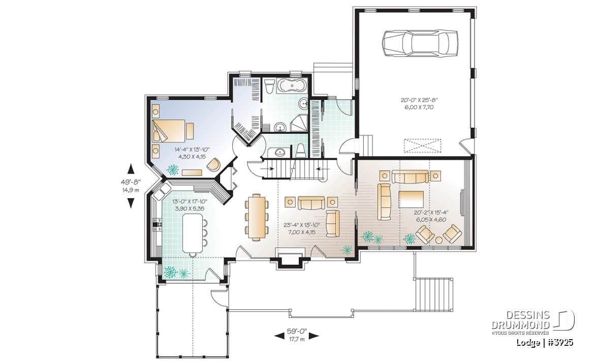 Rez-de-chaussée - Plan de chalet rustique, 4, 5 ou 6 chambres, 2 suites des maîtres avec salle de bain privée, rez-de-jardin - Lodge