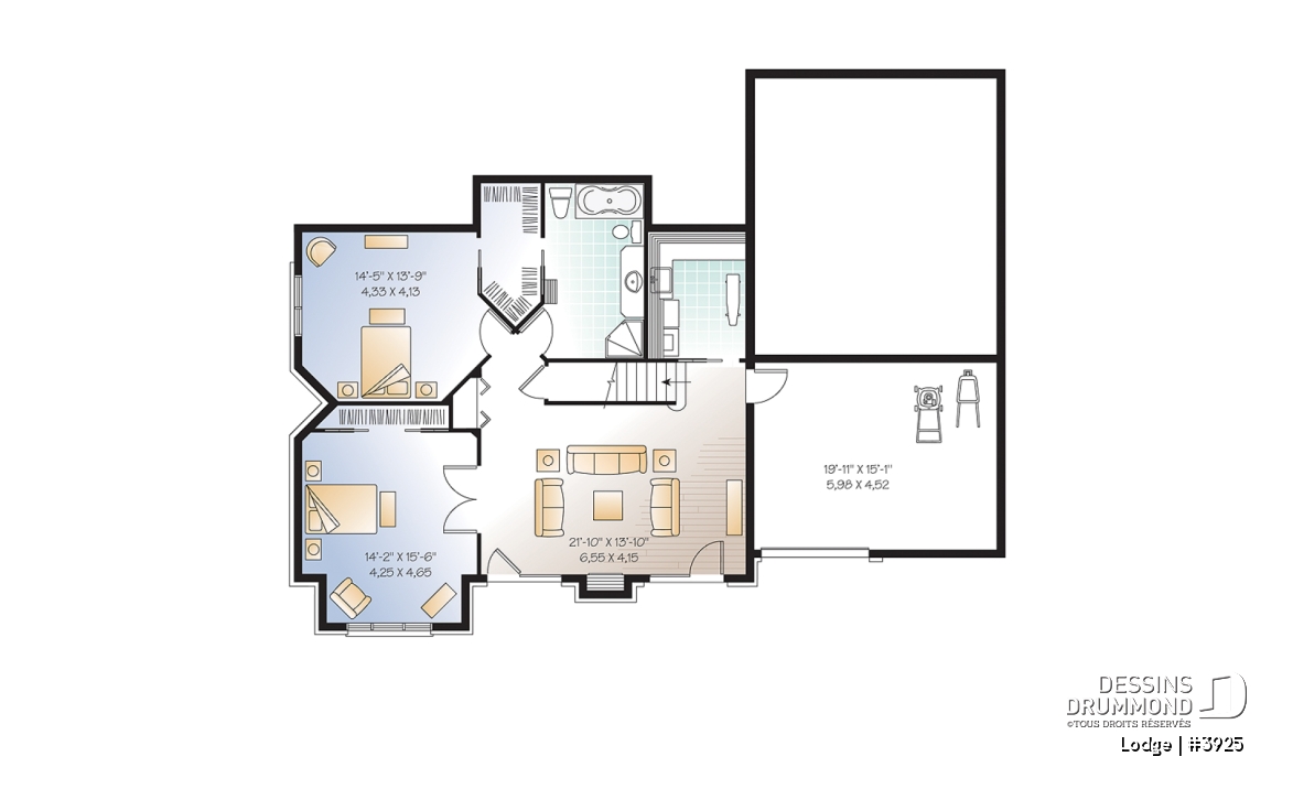 Sous-sol - Plan de chalet rustique, 4, 5 ou 6 chambres, 2 suites des maîtres avec salle de bain privée, rez-de-jardin - Lodge