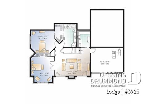 Sous-sol - Plan de chalet rustique, 4, 5 ou 6 chambres, 2 suites des maîtres avec salle de bain privée, rez-de-jardin - Lodge