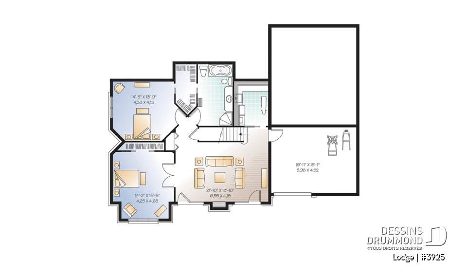 Sous-sol - Plan de chalet rustique, 4, 5 ou 6 chambres, 2 suites des maîtres avec salle de bain privée, rez-de-jardin - Lodge