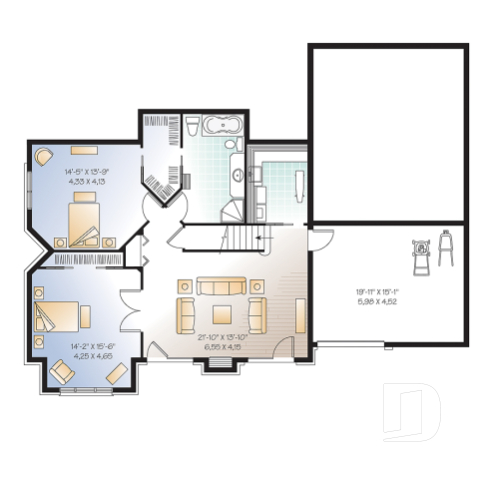 Sous-sol - Plan de chalet rustique, 4, 5 ou 6 chambres, 2 suites des maîtres avec salle de bain privée, rez-de-jardin - Lodge