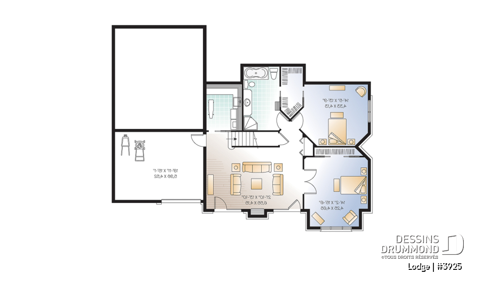 Sous-sol - Plan de chalet rustique, 4, 5 ou 6 chambres, 2 suites des maîtres avec salle de bain privée, rez-de-jardin - Lodge