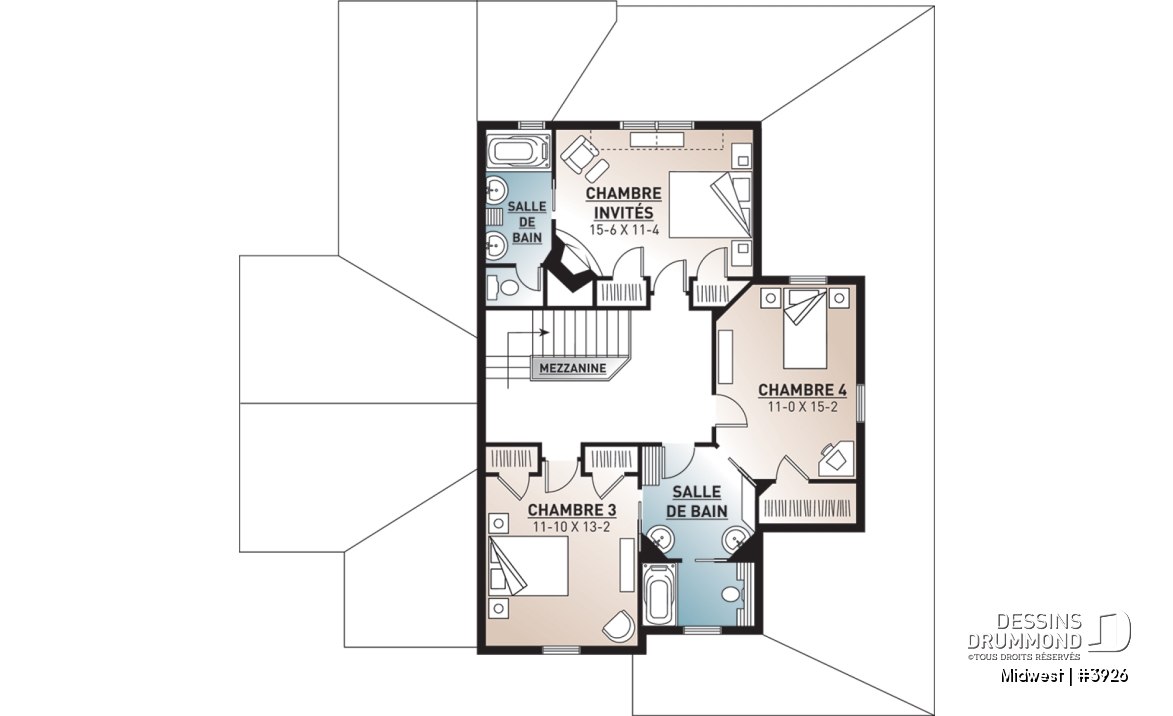 Étage - Plan de Chalet ou Maison champêtre 4 chambres, chambre maître avec balcon privé, plafond à 9pi. au r-d-c - Midwest