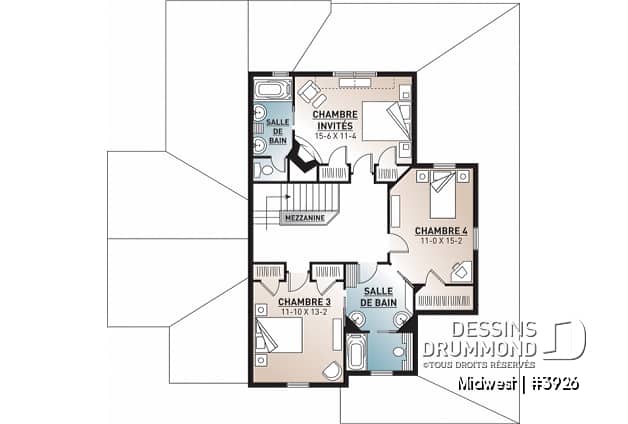 Étage - Plan de Chalet ou Maison champêtre 4 chambres, chambre maître avec balcon privé, plafond à 9pi. au r-d-c - Midwest