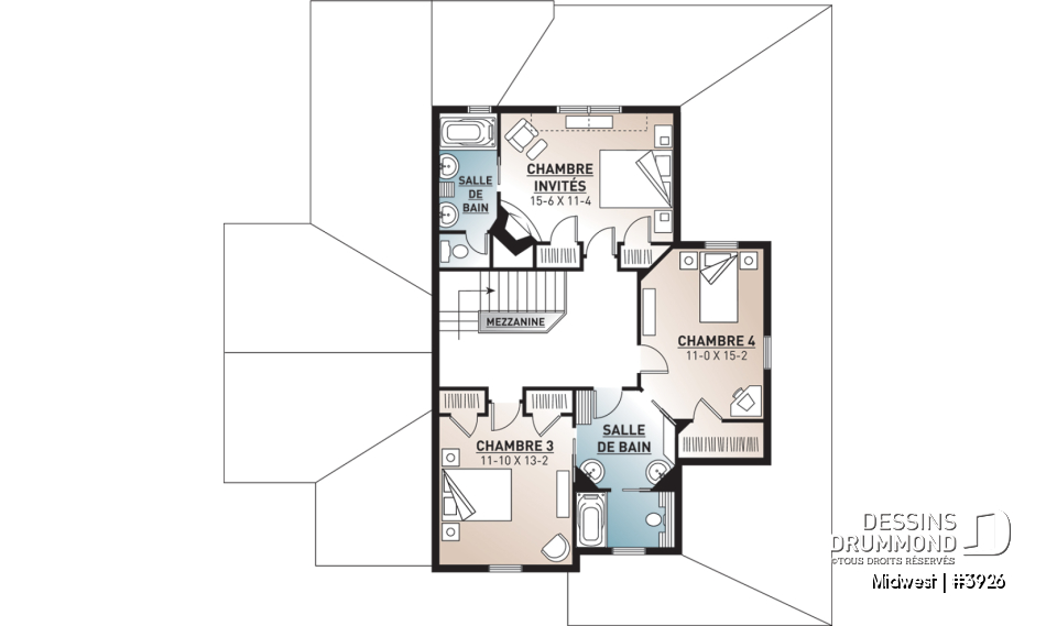 Étage - Plan de Chalet ou Maison champêtre 4 chambres, chambre maître avec balcon privé, plafond à 9pi. au r-d-c - Midwest