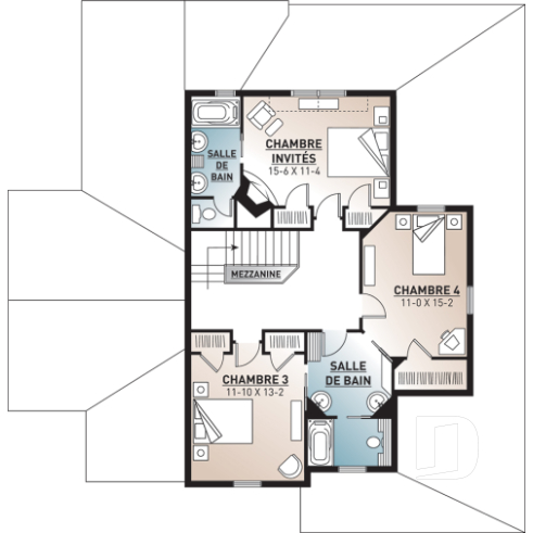 Étage - Plan de Chalet ou Maison champêtre 4 chambres, chambre maître avec balcon privé, plafond à 9pi. au r-d-c - Midwest