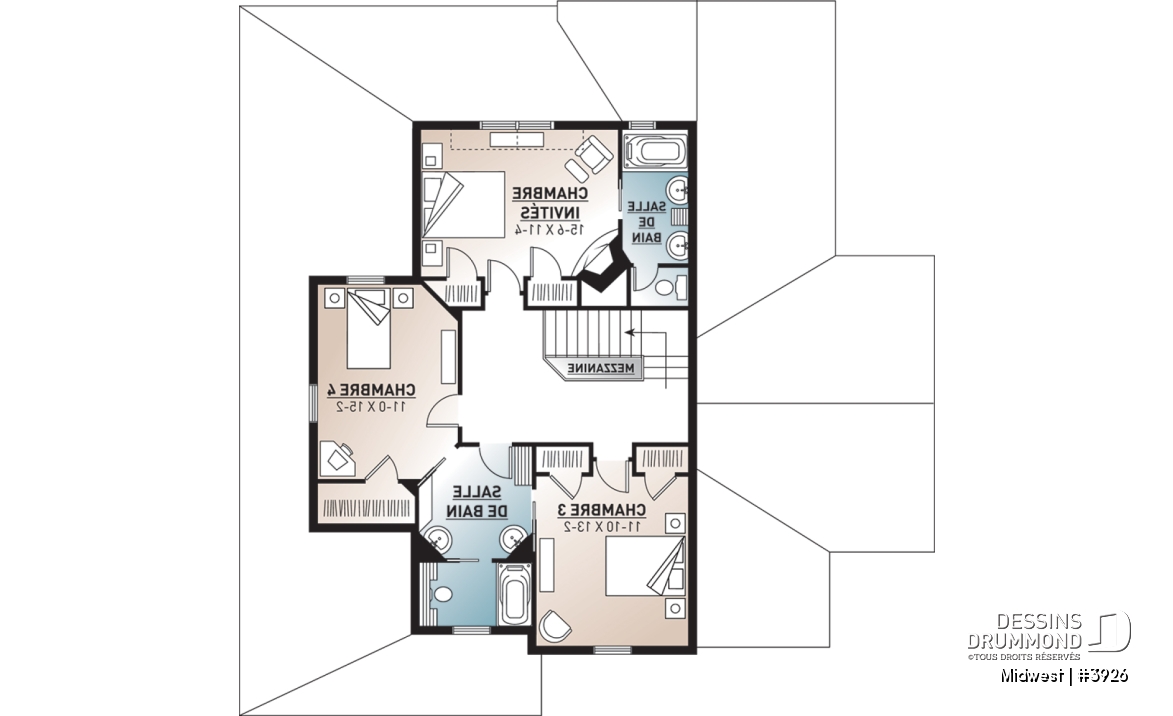 Étage - Plan de Chalet ou Maison champêtre 4 chambres, chambre maître avec balcon privé, plafond à 9pi. au r-d-c - Midwest