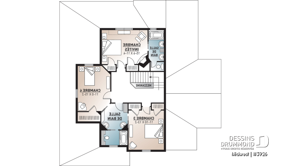 Étage - Plan de Chalet ou Maison champêtre 4 chambres, chambre maître avec balcon privé, plafond à 9pi. au r-d-c - Midwest