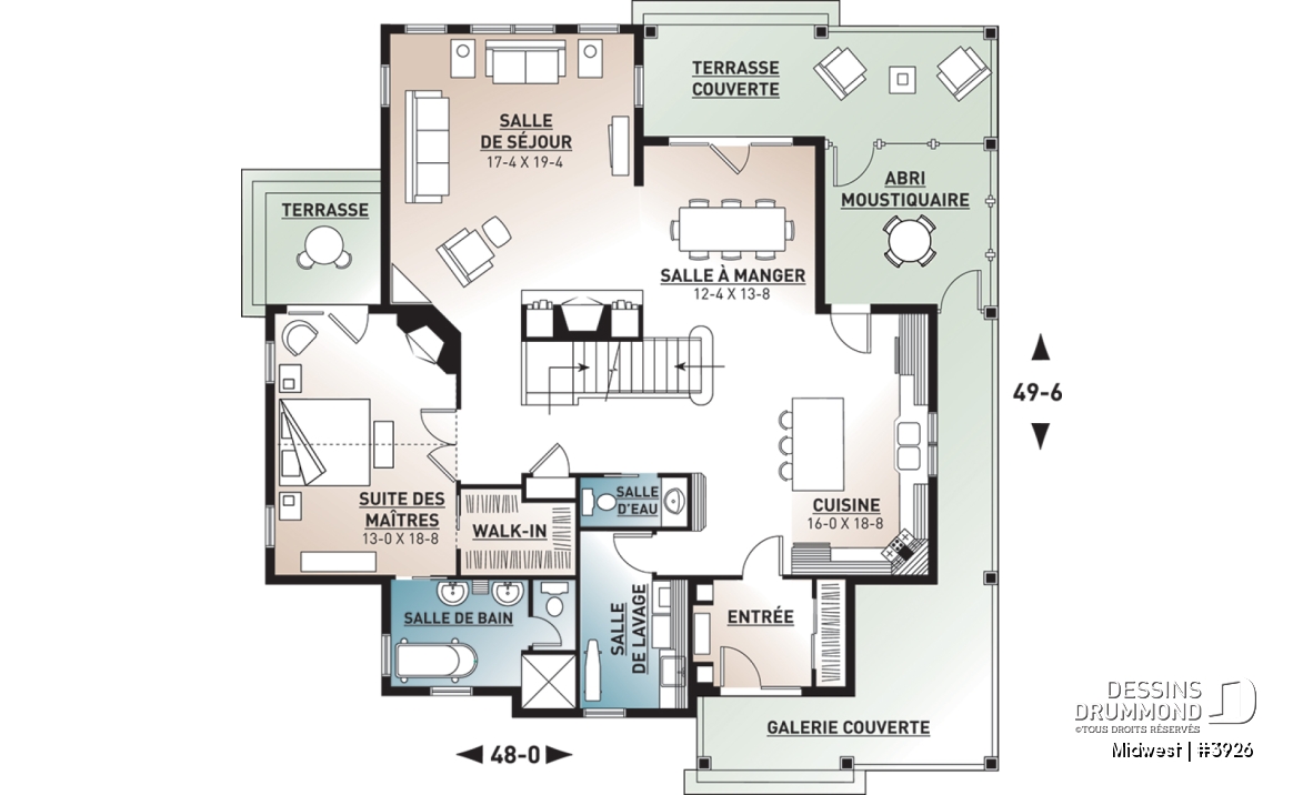 Rez-de-chaussée - Plan de Chalet ou Maison champêtre 4 chambres, chambre maître avec balcon privé, plafond à 9pi. au r-d-c - Midwest