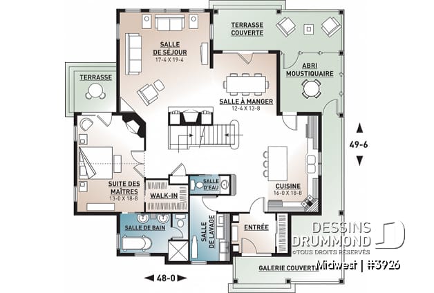 Rez-de-chaussée - Plan de Chalet ou Maison champêtre 4 chambres, chambre maître avec balcon privé, plafond à 9pi. au r-d-c - Midwest