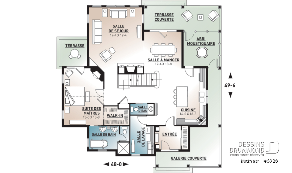 Rez-de-chaussée - Plan de Chalet ou Maison champêtre 4 chambres, chambre maître avec balcon privé, plafond à 9pi. au r-d-c - Midwest