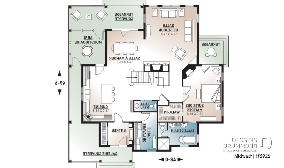 Rez-de-chaussée - Plan de Chalet ou Maison champêtre 4 chambres, chambre maître avec balcon privé, plafond à 9pi. au r-d-c - Midwest