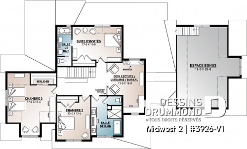 Étage - Plan de maison Farmhouse, 4 chambres, suite des maîtres au rdc, garde-manger, terrasse couverte, bibliothèque - Midwest 2