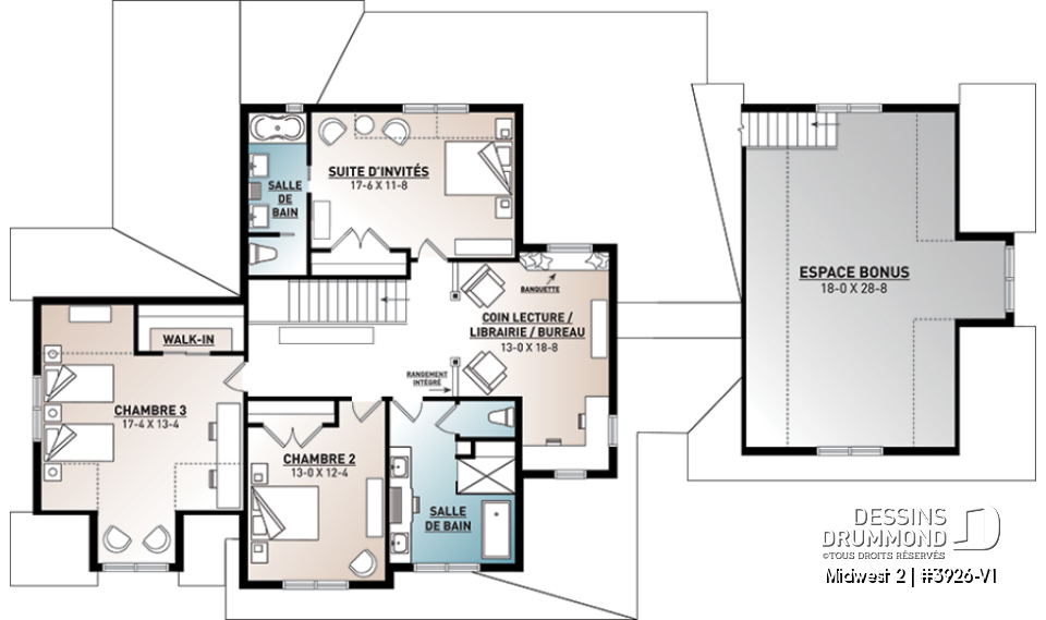 Étage - Plan de maison Farmhouse, 4 chambres, suite des maîtres au rdc, garde-manger, terrasse couverte, bibliothèque - Midwest 2