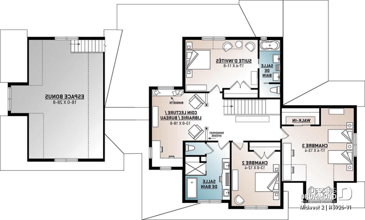 Étage - Plan de maison Farmhouse, 4 chambres, suite des maîtres au rdc, garde-manger, terrasse couverte, bibliothèque - Midwest 2