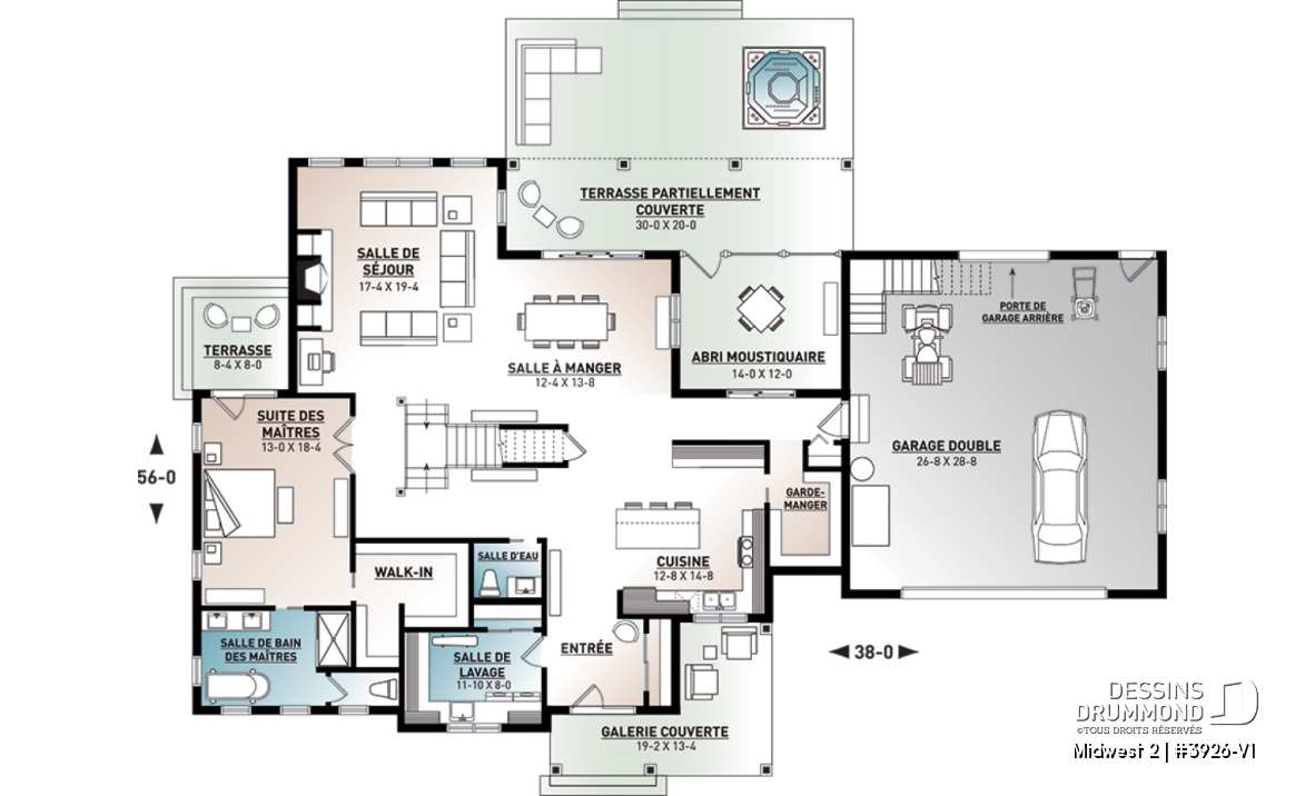 Rez-de-chaussée - Plan de maison Farmhouse, 4 chambres, suite des maîtres au rdc, garde-manger, terrasse couverte, bibliothèque - Midwest 2