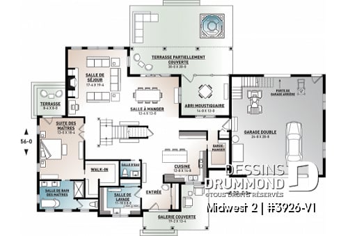 Rez-de-chaussée - Plan de maison Farmhouse, 4 chambres, suite des maîtres au rdc, garde-manger, terrasse couverte, bibliothèque - Midwest 2