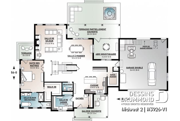 Rez-de-chaussée - Plan de maison Farmhouse, 4 chambres, suite des maîtres au rdc, garde-manger, terrasse couverte, bibliothèque - Midwest 2