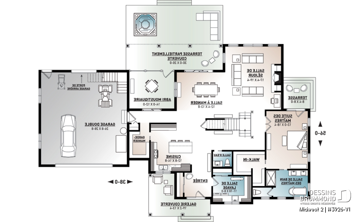Rez-de-chaussée - Plan de maison Farmhouse, 4 chambres, suite des maîtres au rdc, garde-manger, terrasse couverte, bibliothèque - Midwest 2