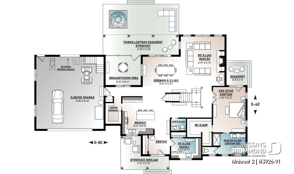 Rez-de-chaussée - Plan de maison Farmhouse, 4 chambres, suite des maîtres au rdc, garde-manger, terrasse couverte, bibliothèque - Midwest 2